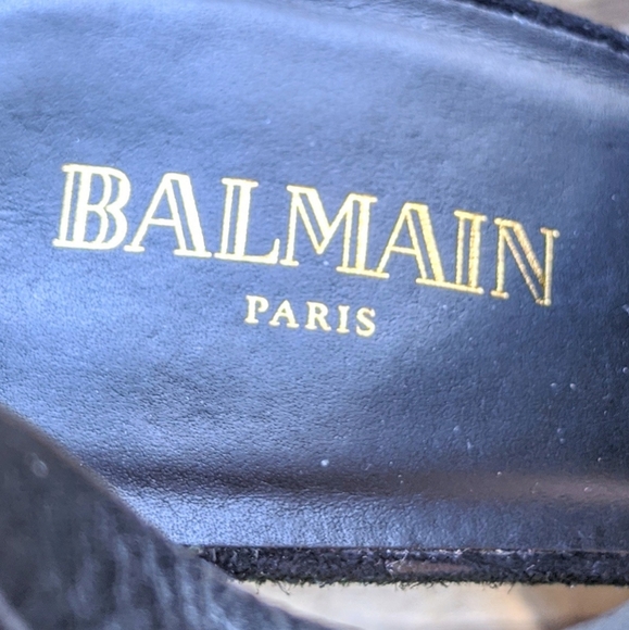 BALMAIN Cutout Leather Suede Open Toe Ankle Wedges - Picture 10 of 10